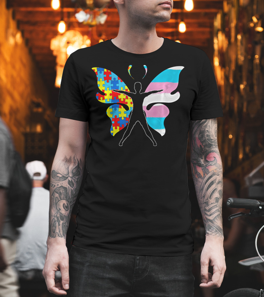 Autism Awareness Puzzle Butterfly with Transgender Flag Wings T-Shirt