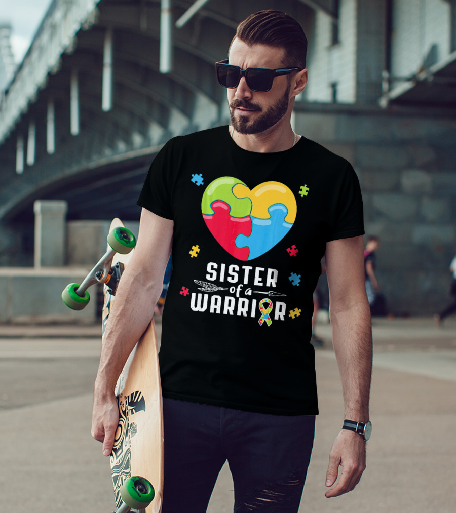 Sister Of A Warrior Autism Awareness Puzzle Heart T-Shirt