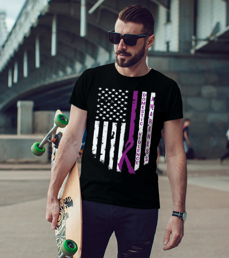 Domestic Violence Awareness Purple Ribbon American Flag T-Shirt