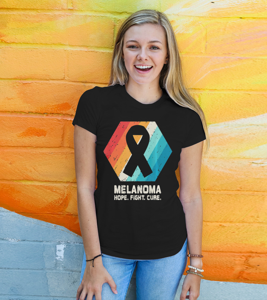 Melanoma Hope Fight Cure Awareness Ribbon Retro Stripe T-Shirt