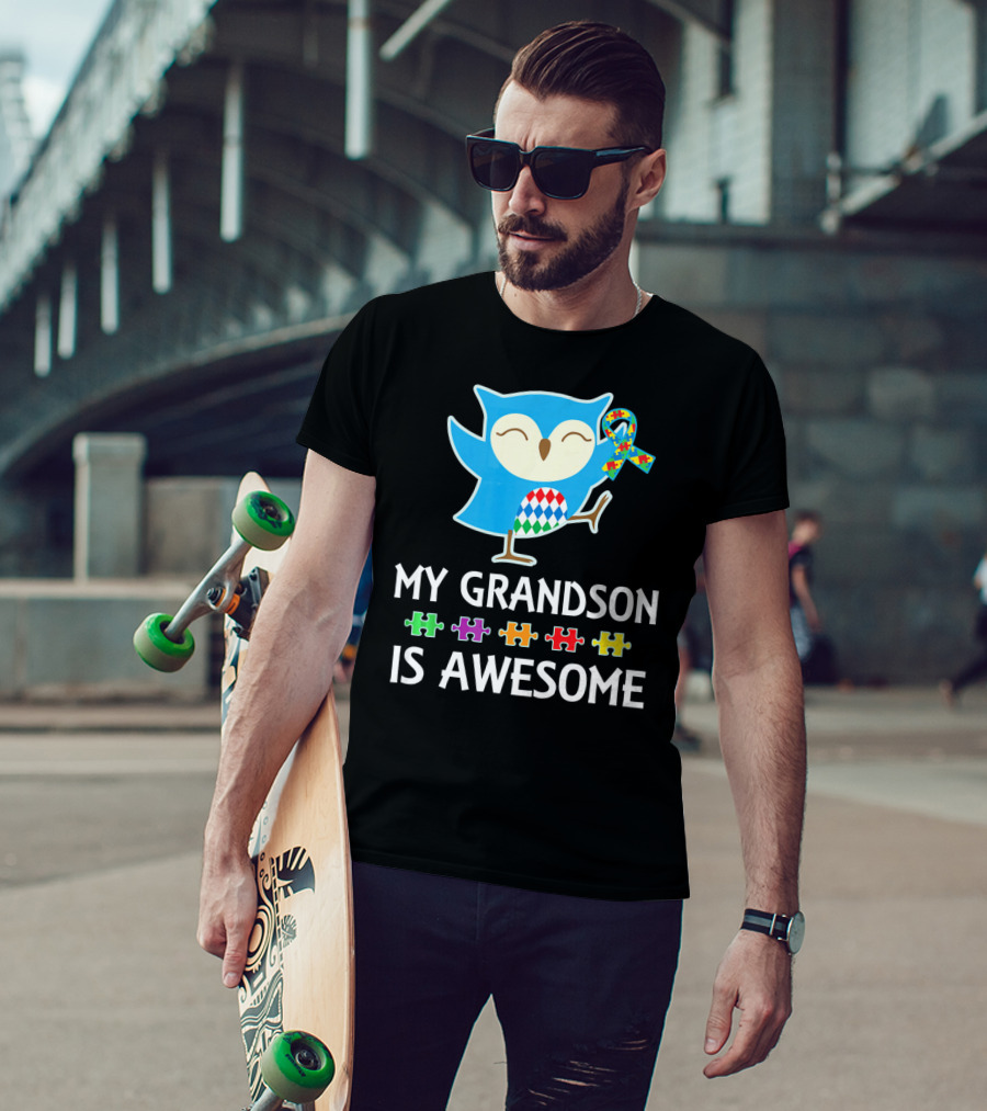 Autism Awareness My Grandson Is Awesome Owl Puzzle T-Shirt
