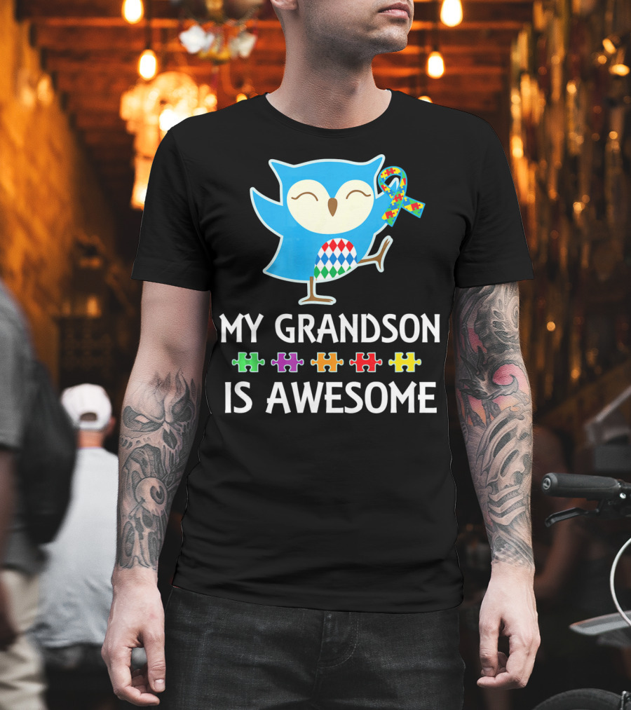 Autism Awareness My Grandson Is Awesome Owl Puzzle T-Shirt