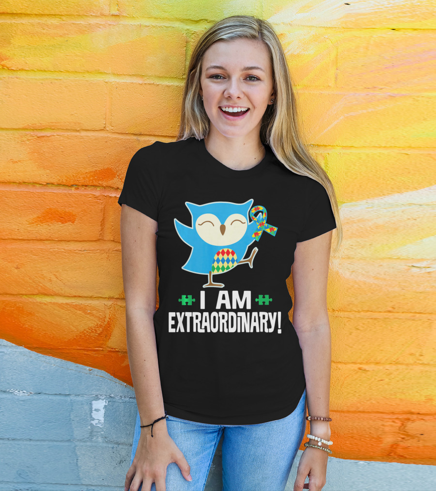I Am Extraordinary Autism Awareness Autistic Spectrum Disor Puzzle Ribbon Owl T-Shirt