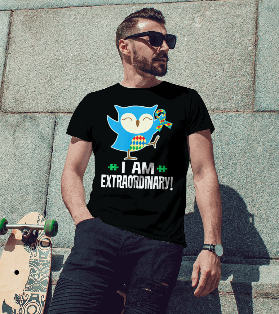I Am Extraordinary Autism Awareness Autistic Spectrum Disor Puzzle Ribbon Owl T-Shirt