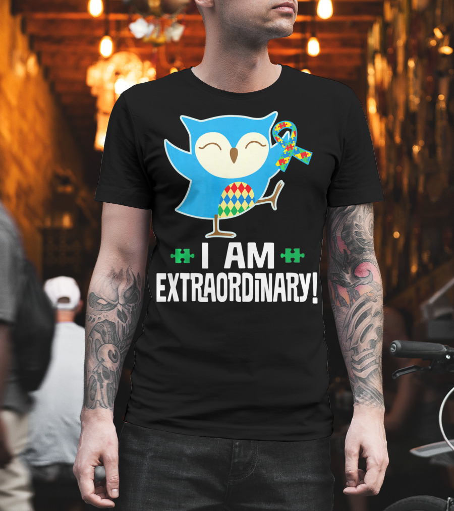 I Am Extraordinary Autism Awareness Autistic Spectrum Disor Puzzle Ribbon Owl T-Shirt
