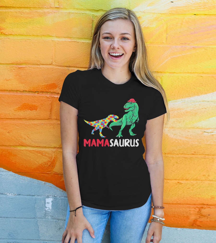 Mamasaurus Mama Dinosaur Puzzle Pattern Autism Awareness T-Shirt