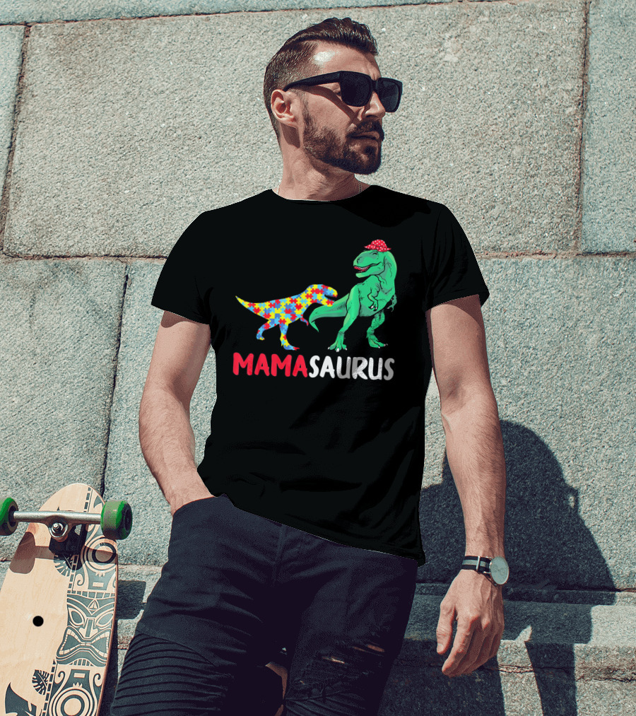 Mamasaurus Mama Dinosaur Puzzle Pattern Autism Awareness T-Shirt