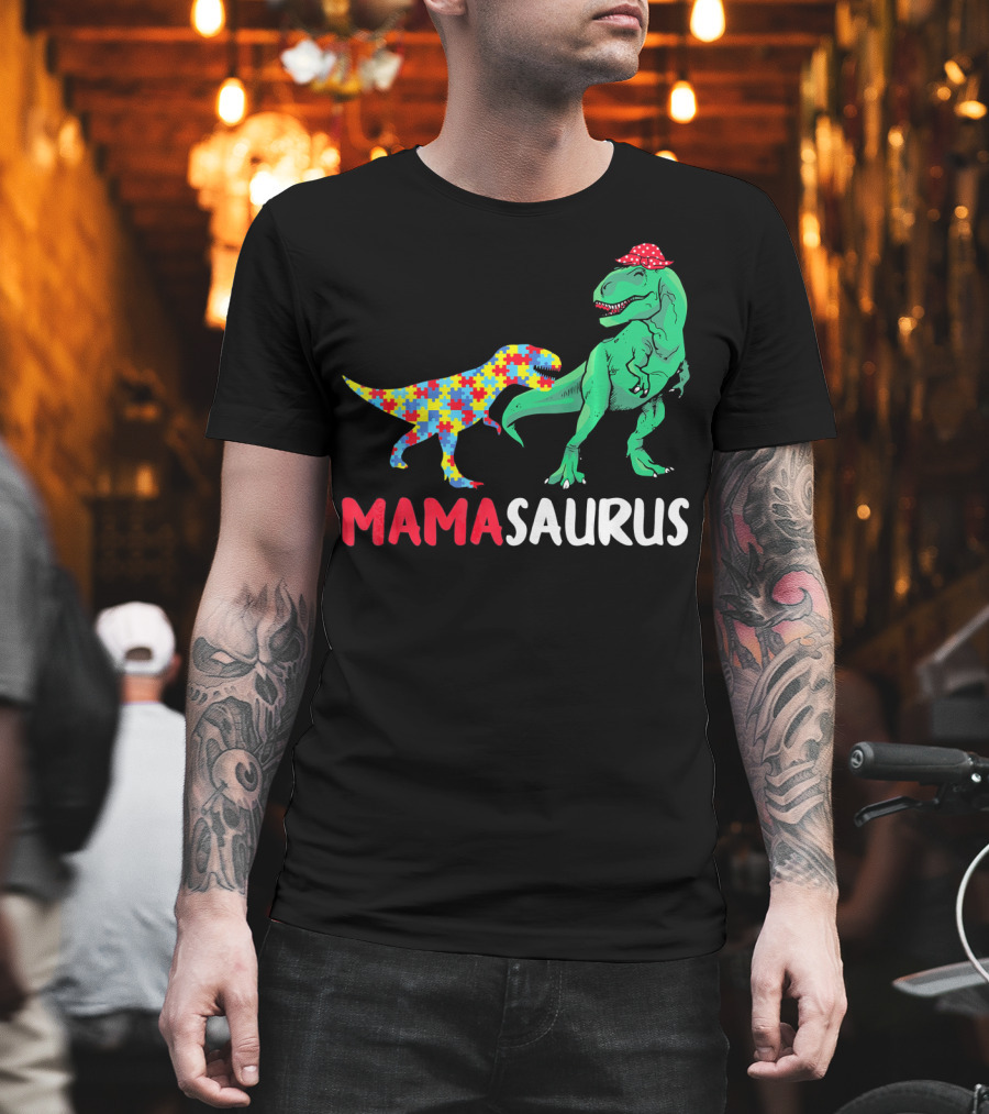 Mamasaurus Mama Dinosaur Puzzle Pattern Autism Awareness T-Shirt