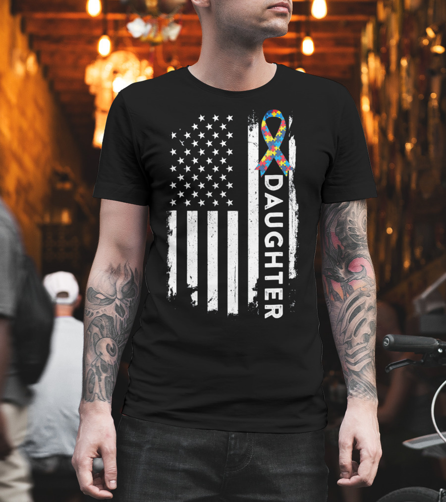 Daughter Autism Awareness American Flag Puzzle T-Shirt