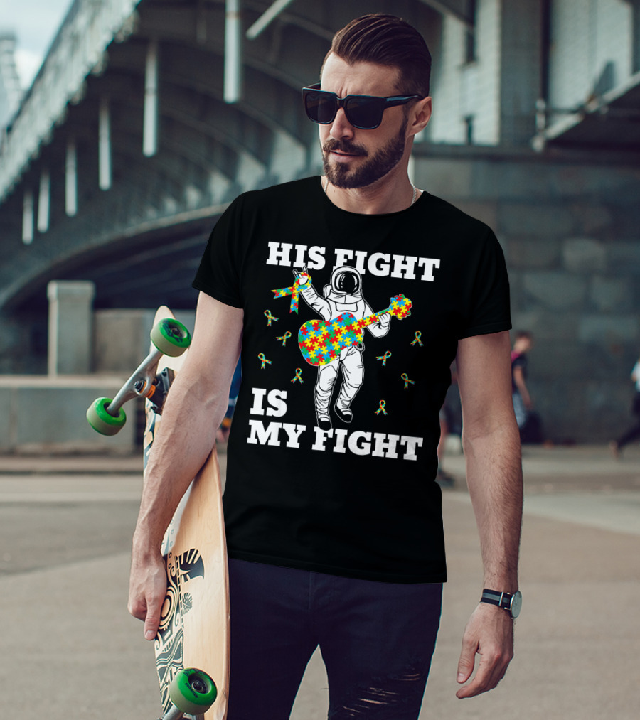 His Fight Is My Fight Autism Awareness Astronaut With Puzzle Guitar T-Shirt