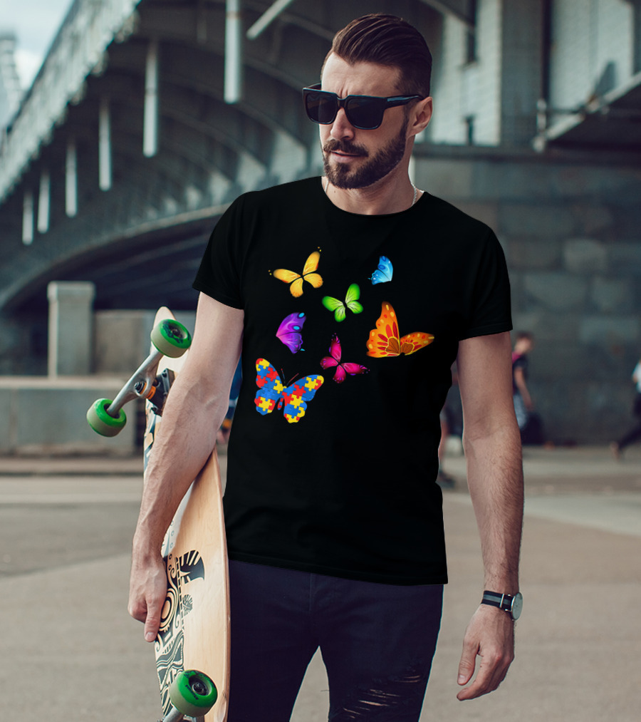 Autism Awareness Butterfly With Multicolored Puzzle T-Shirt