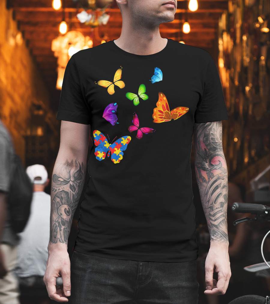 Autism Awareness Butterfly With Multicolored Puzzle T-Shirt