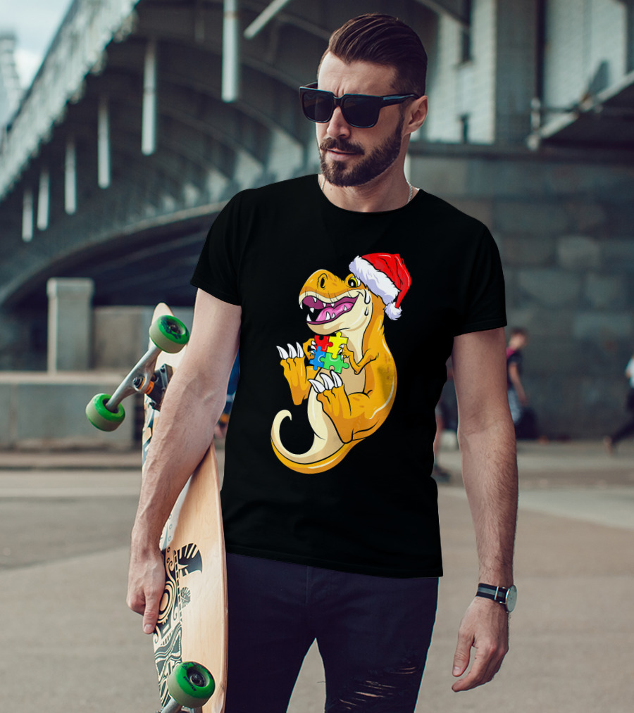 Christmas Autism Awareness Dinosaur Santa Hat Puzzle Pieces T-Shirt