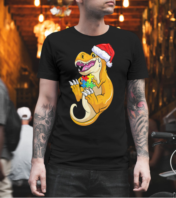 Christmas Autism Awareness Dinosaur Santa Hat Puzzle Pieces T-Shirt Christmas Autism Awareness Dinosaur Santa Hat Puzzle Pieces T-Shirt