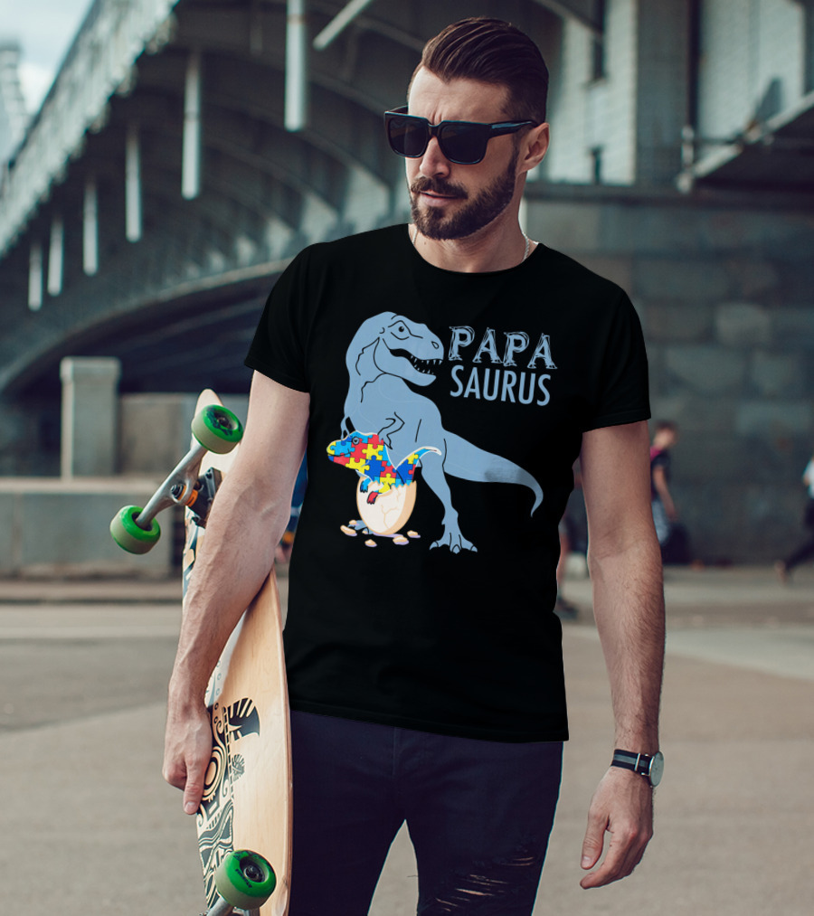 Papasaurus Autism Awareness Dinosaur Puzzle Pieces T-Shirt