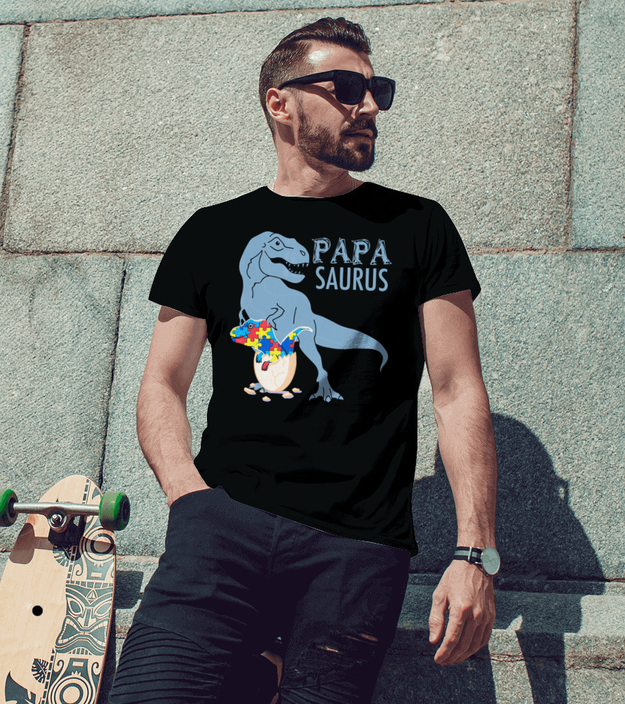 Papasaurus Autism Awareness Dinosaur Puzzle Pieces T-Shirt