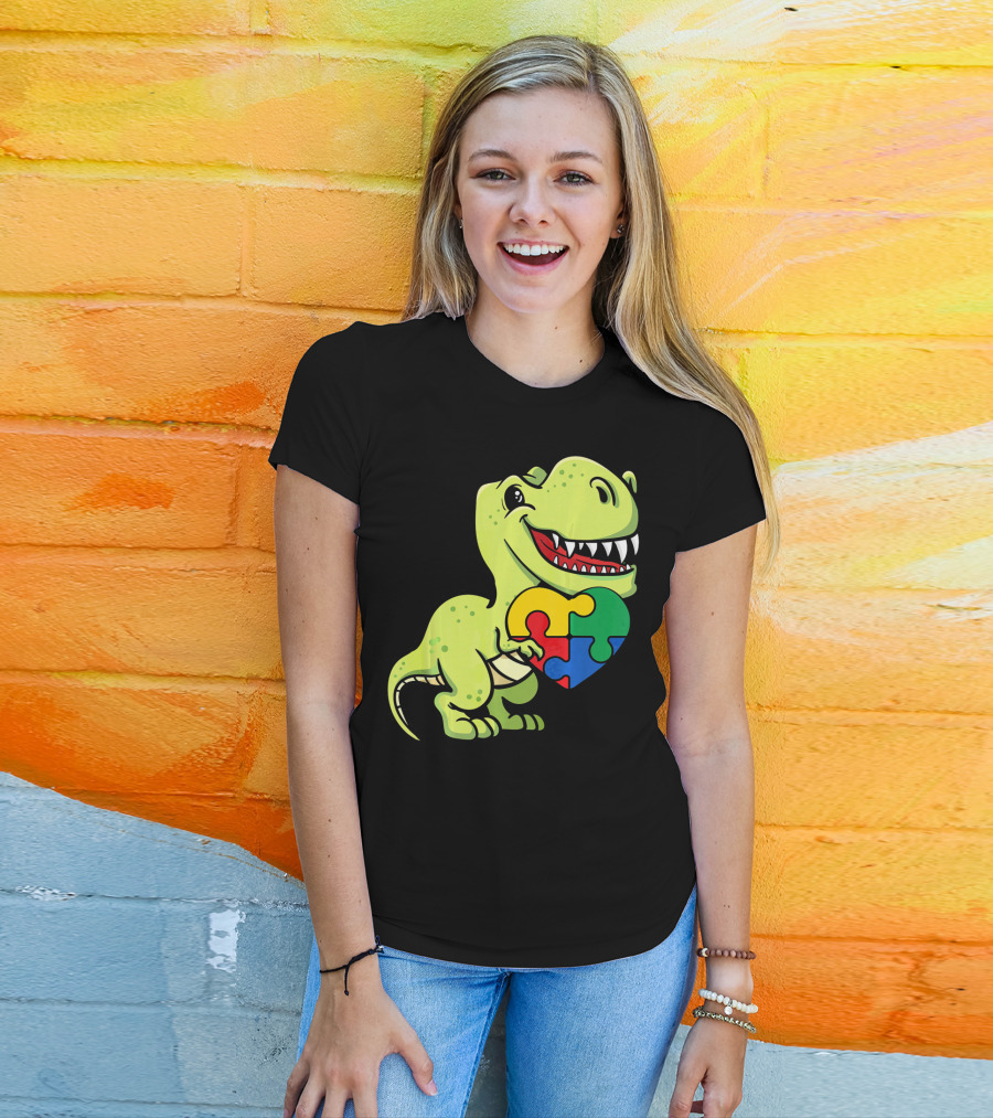 Autism Awareness Day Dinosaur T-Rex Holding Puzzle Heart T-Shirt