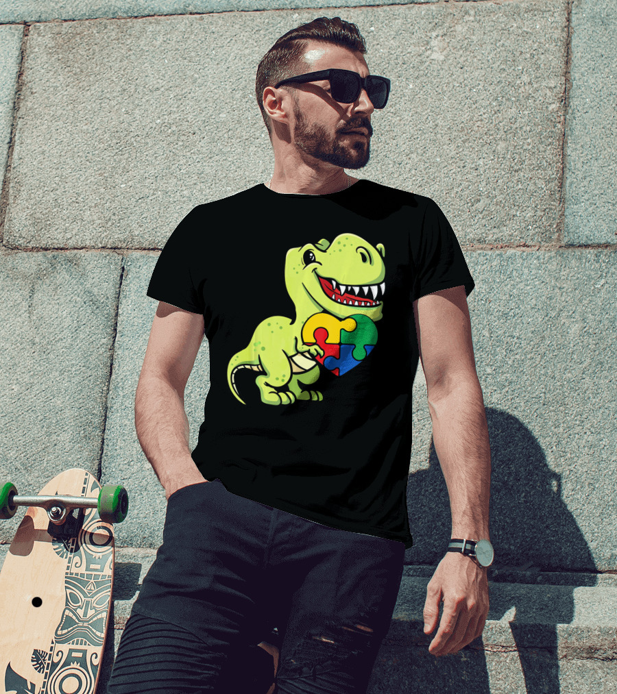 Autism Awareness Day Dinosaur T-Rex Holding Puzzle Heart T-Shirt