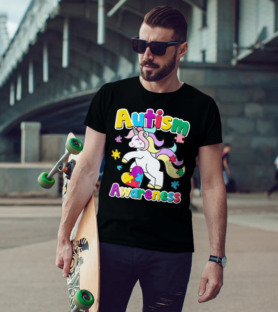 Autism Awareness Unicorn Puzzle Pieces Rainbow Heart T-Shirt