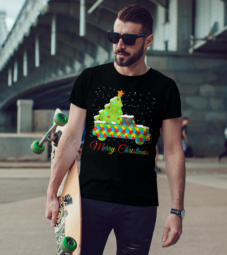 Merry Christmas Puzzle Truck Autism Awareness T-Shirt