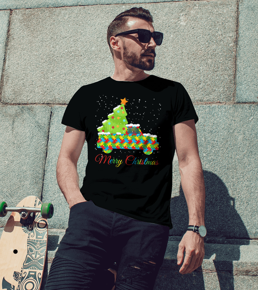 Merry Christmas Puzzle Truck Autism Awareness T-Shirt