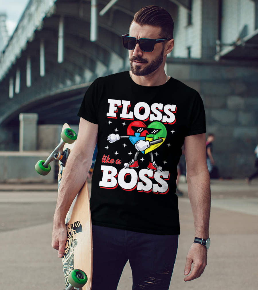 Floss Like A Boss Autism Awareness Heart With Cool Sunglasses T-Shirt
