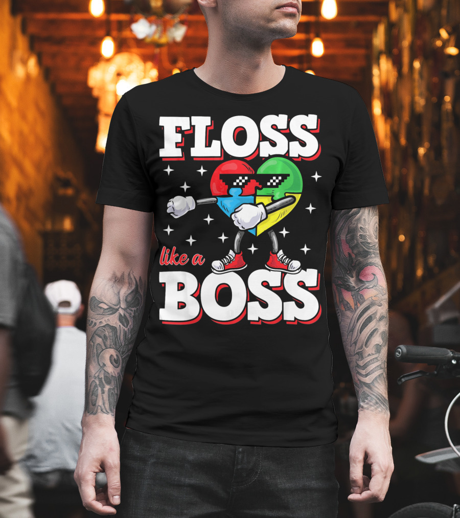 Floss Like A Boss Autism Awareness Heart with Cool Sunglasses T-Shirt