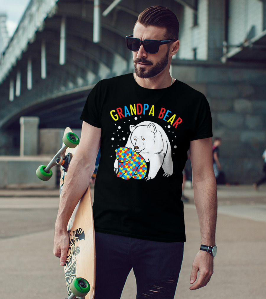 Grandpa Bear Mens Autism Awareness Puzzle Bear T-Shirt