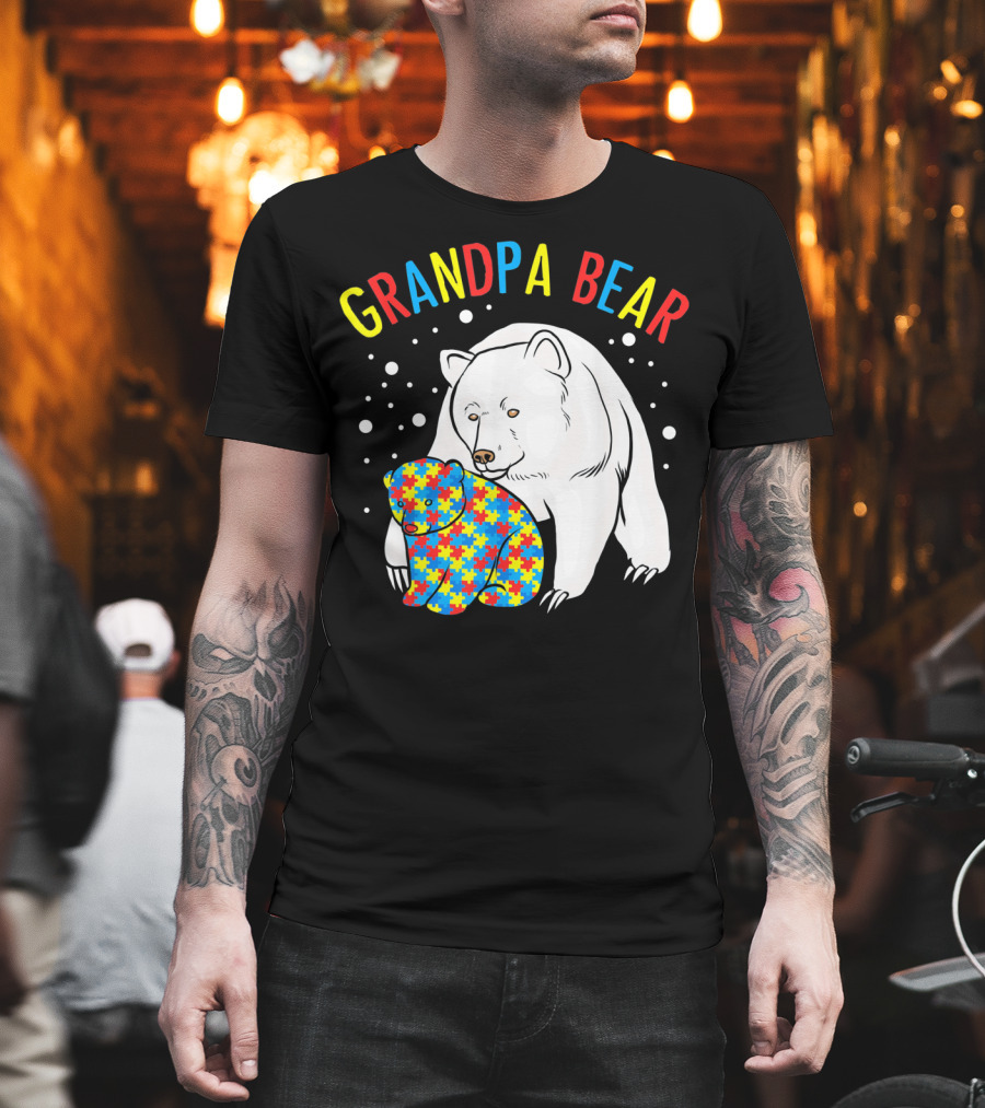 Grandpa Bear Mens Autism Awareness Puzzle Bear T-Shirt