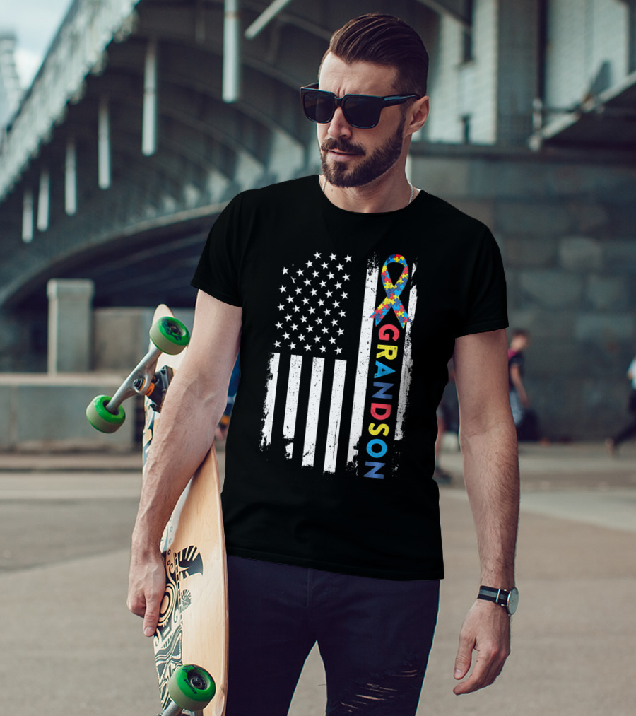 Autism Awareness American Flag Grandson Kids T-Shirt