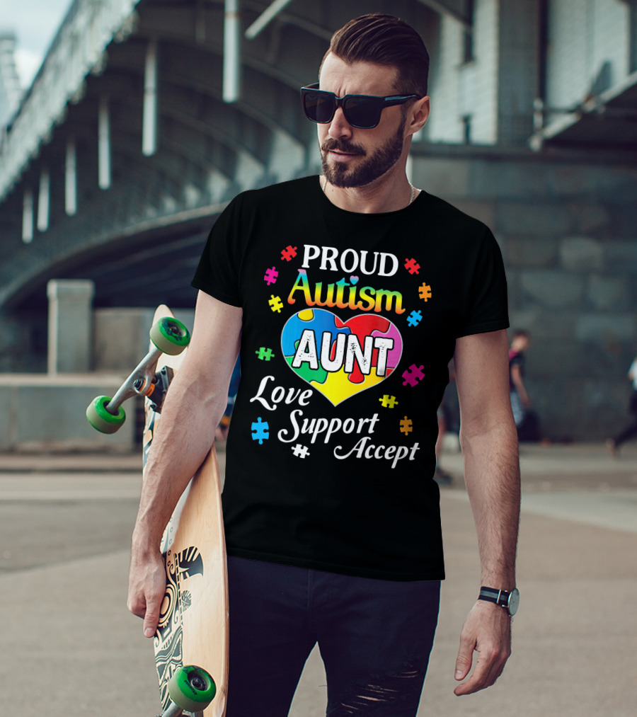 Proud Autism Aunt Heart Love Support Accept Puzzle Pieces T-Shirt