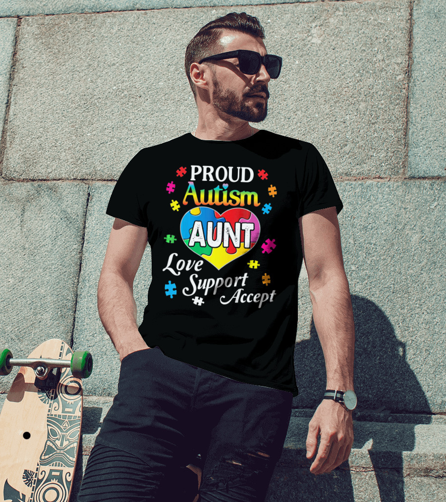 Proud Autism Aunt Heart Love Support Accept Puzzle Pieces T-Shirt