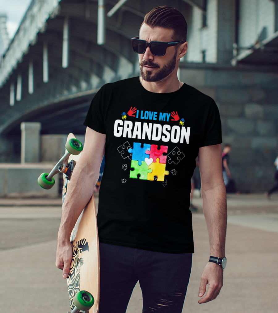 I Love My Grandson Autism Awareness Puzzle Pieces And Colorful Handprints T-Shirt