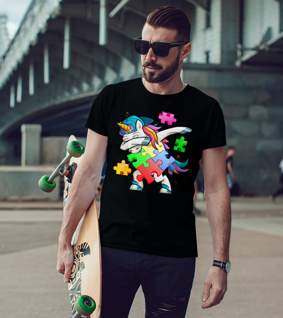 Autism Awareness Dabbing Unicorn Rainbow Puzzle Pieces T-Shirt