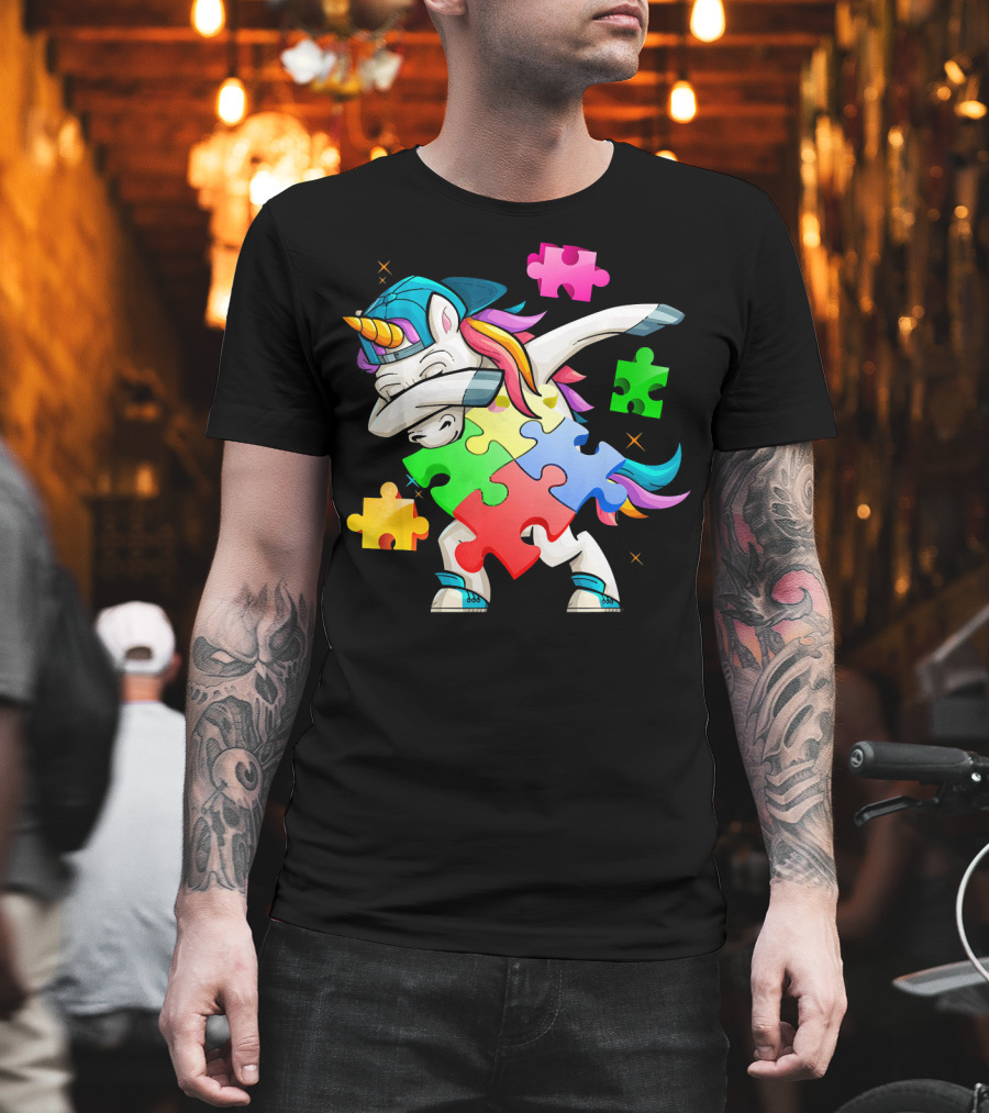 Autism Awareness Dabbing Unicorn Rainbow Puzzle Pieces T-Shirt