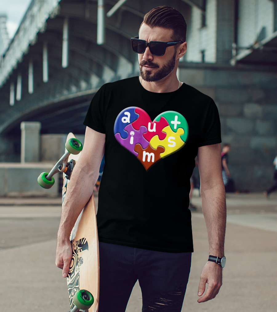 Autism Awareness Heart Puzzle Pieces Love Smile Colorful T-Shirt