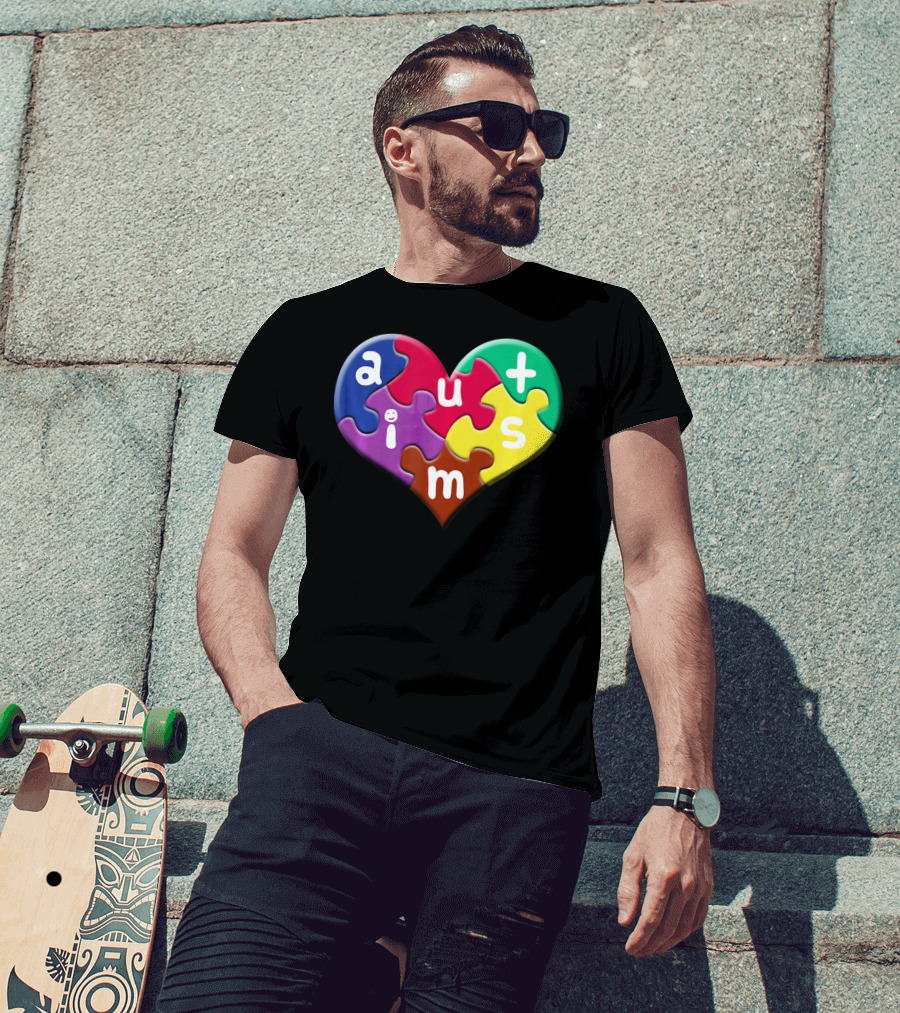 Autism Awareness Heart Puzzle Pieces Love Smile Colorful T-Shirt