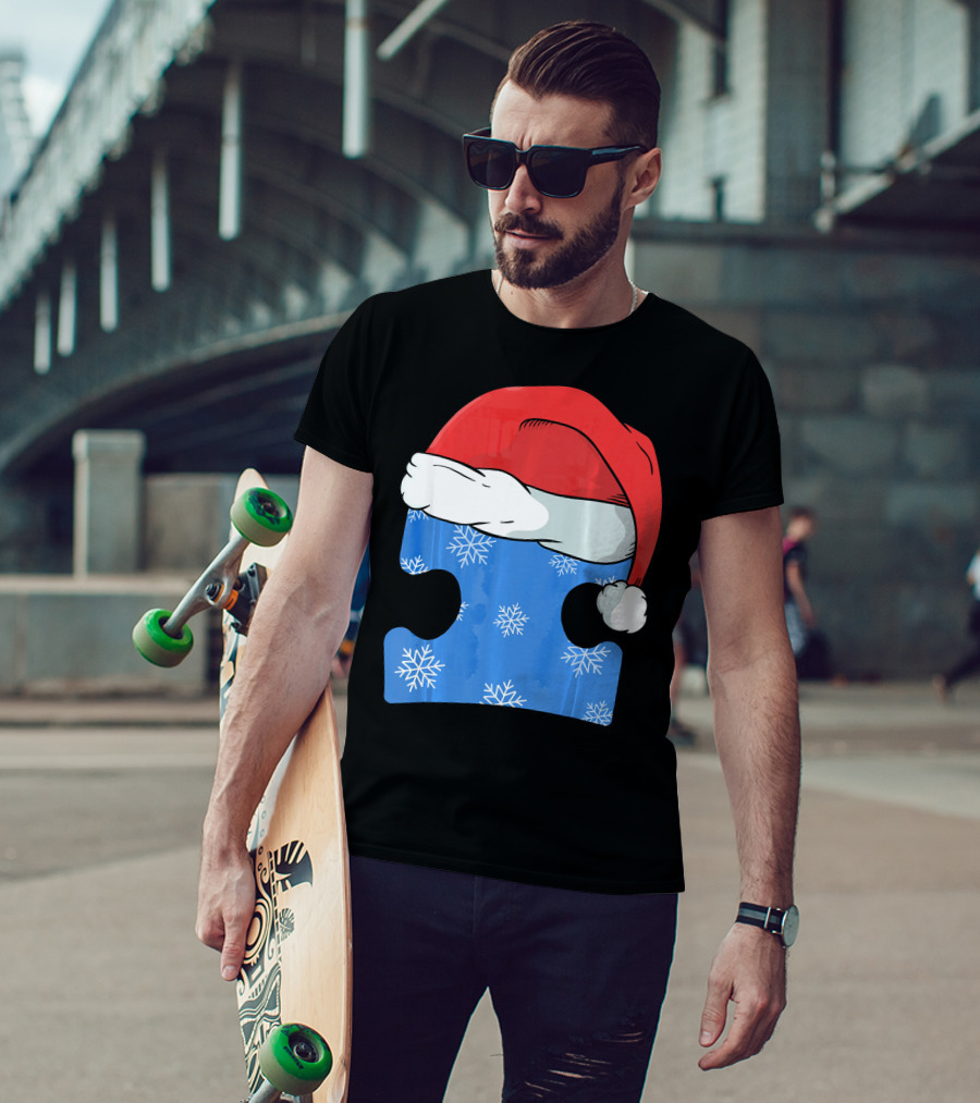 Autism Awareness Puzzle Piece Blue Snowflake Santa Hat T-Shirt
