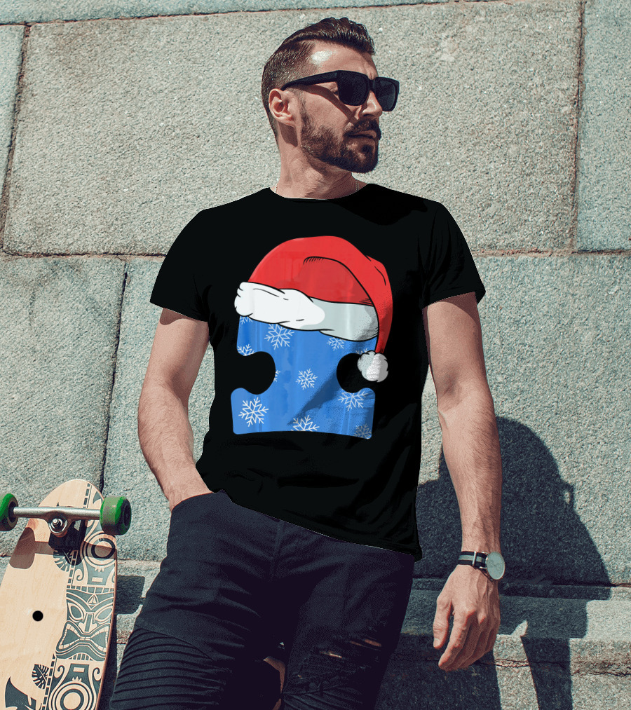 Autism Awareness Puzzle Piece Blue Snowflake Santa Hat T-Shirt