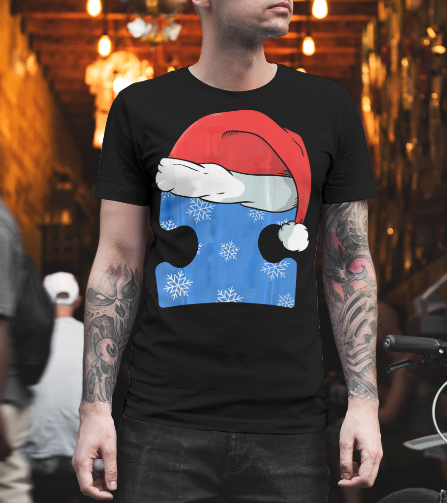 Autism Awareness Puzzle Piece Blue Snowflake Santa Hat T-Shirt