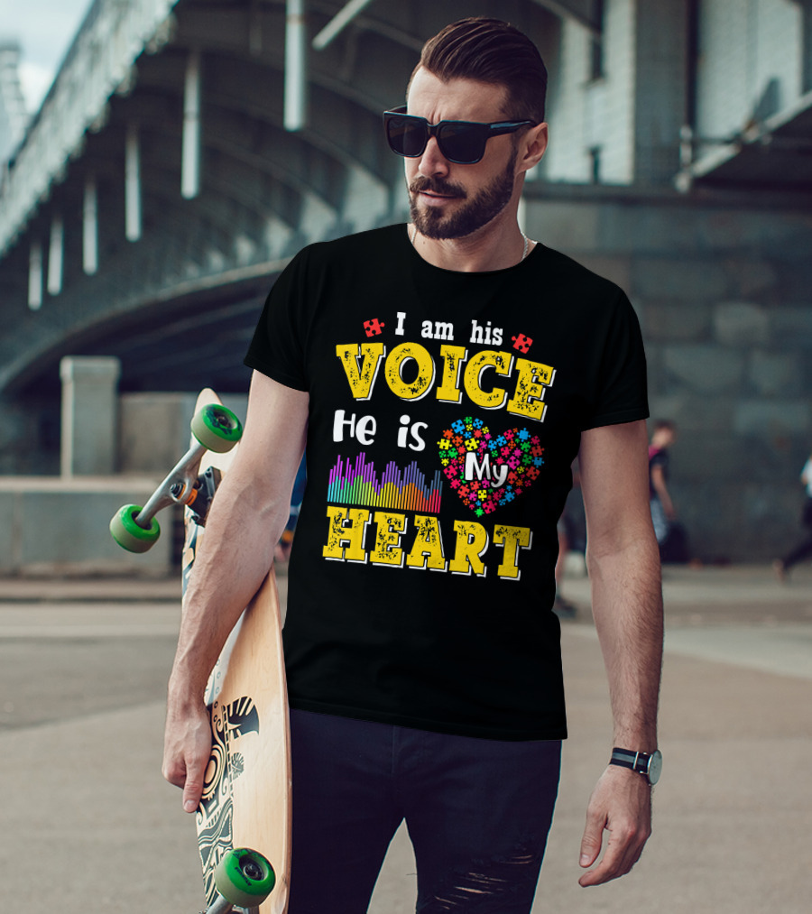 Autism Awareness I Am His Voice He Is My Heart Autism Mom Son T-Shirt
