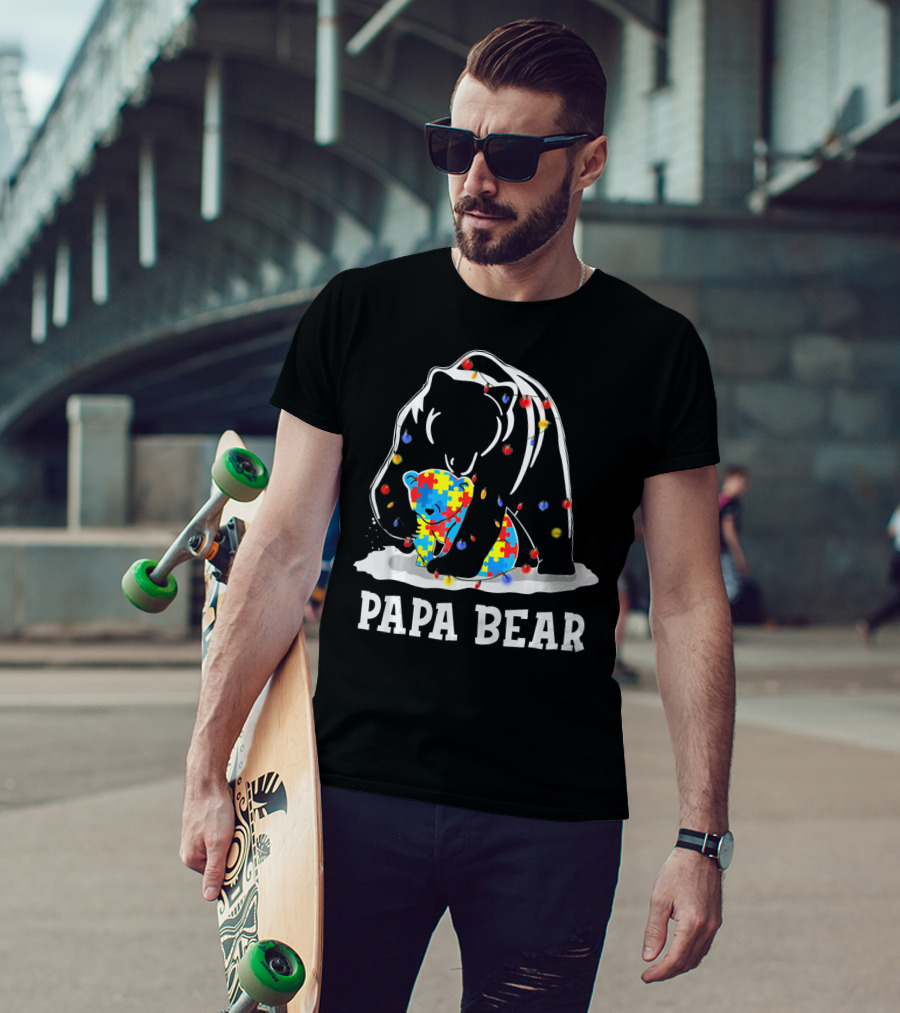 Papa Bear Puzzle Piece Autism Awareness Lights T-Shirt