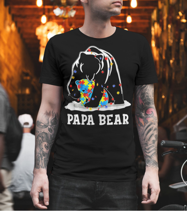 Papa Bear Puzzle Piece Autism Awareness Lights T-Shirt Papa Bear Puzzle Piece Autism Awareness Lights T-Shirt