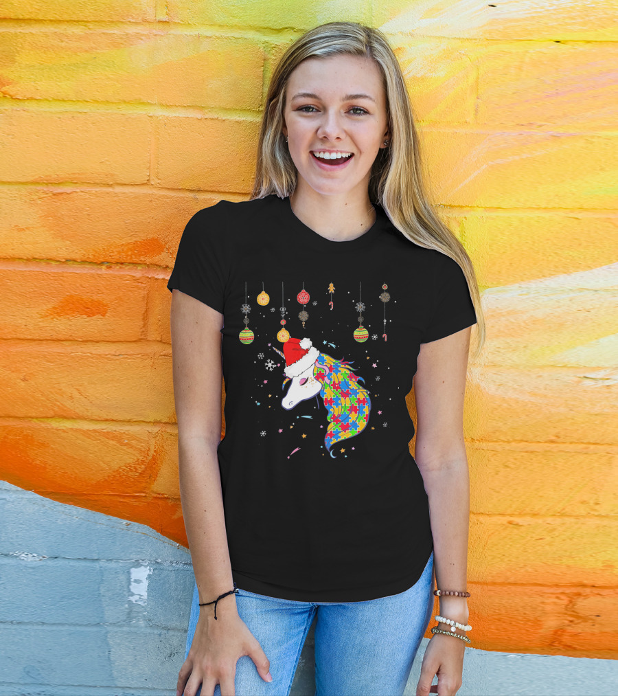 Christmas Unicorn Santa Hat Autism Puzzle T-Shirt