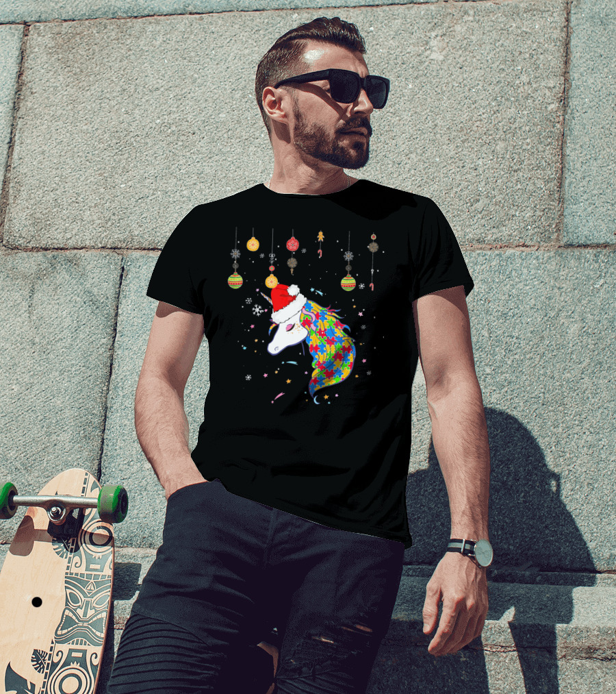 Christmas Unicorn Santa Hat Autism Puzzle T-Shirt