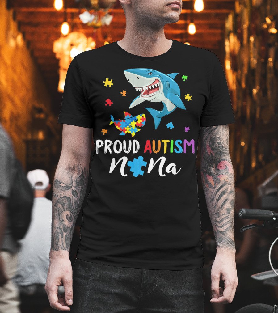 Proud Autism Nana Shark with Colorful Puzzle Pieces T-Shirt