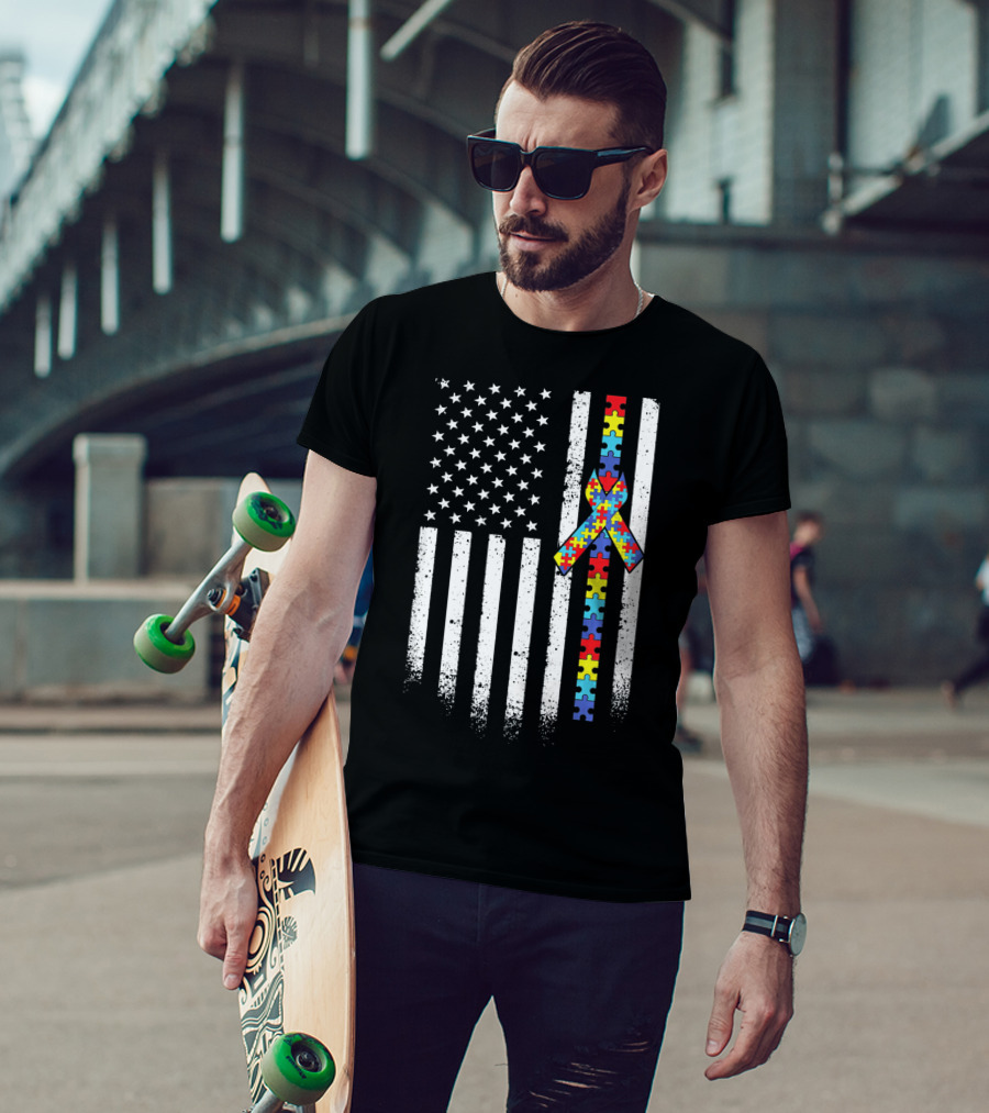 Autism Awareness American Flag With Puzzle Piece T-Shirt