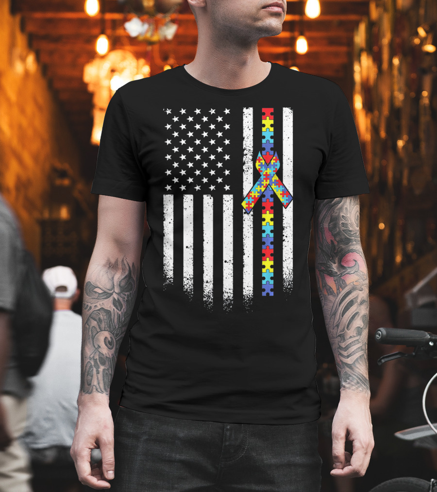 Autism Awareness American Flag with Puzzle Piece T-Shirt