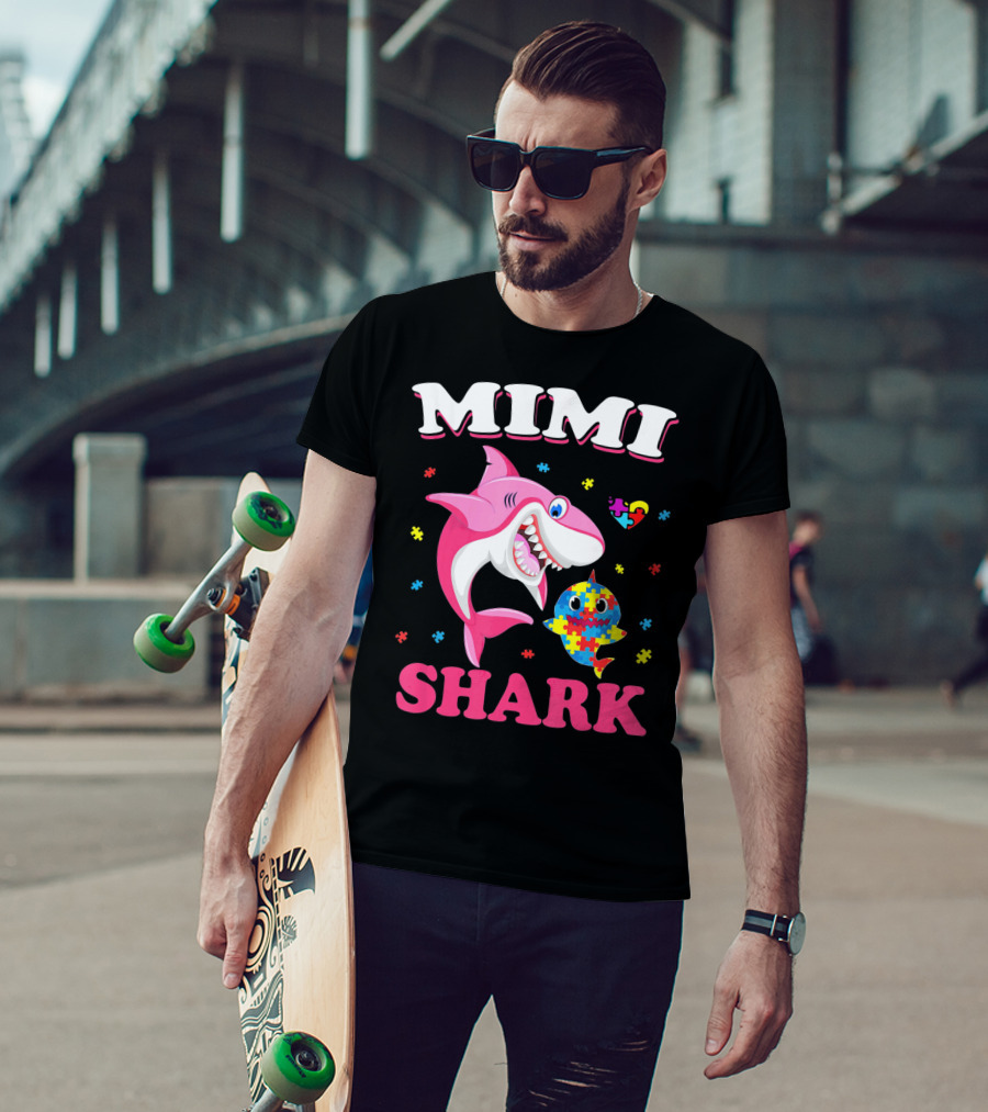 Mimi Shark Autism Awareness Puzzle Heart Colorful Sharks T-Shirt