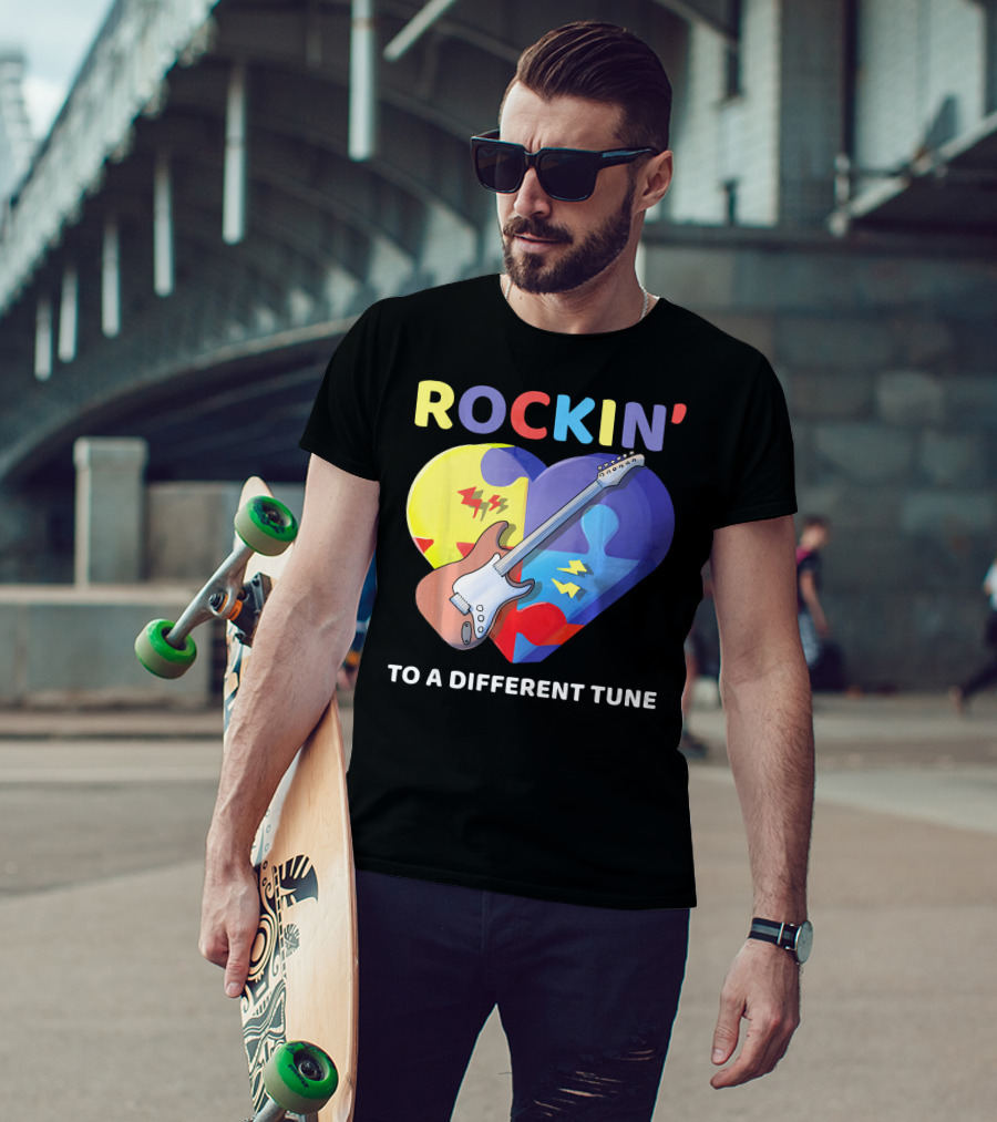 Rockin' To A Different Tune Autism Awareness Guitar Heart Puzzle T-Shirt